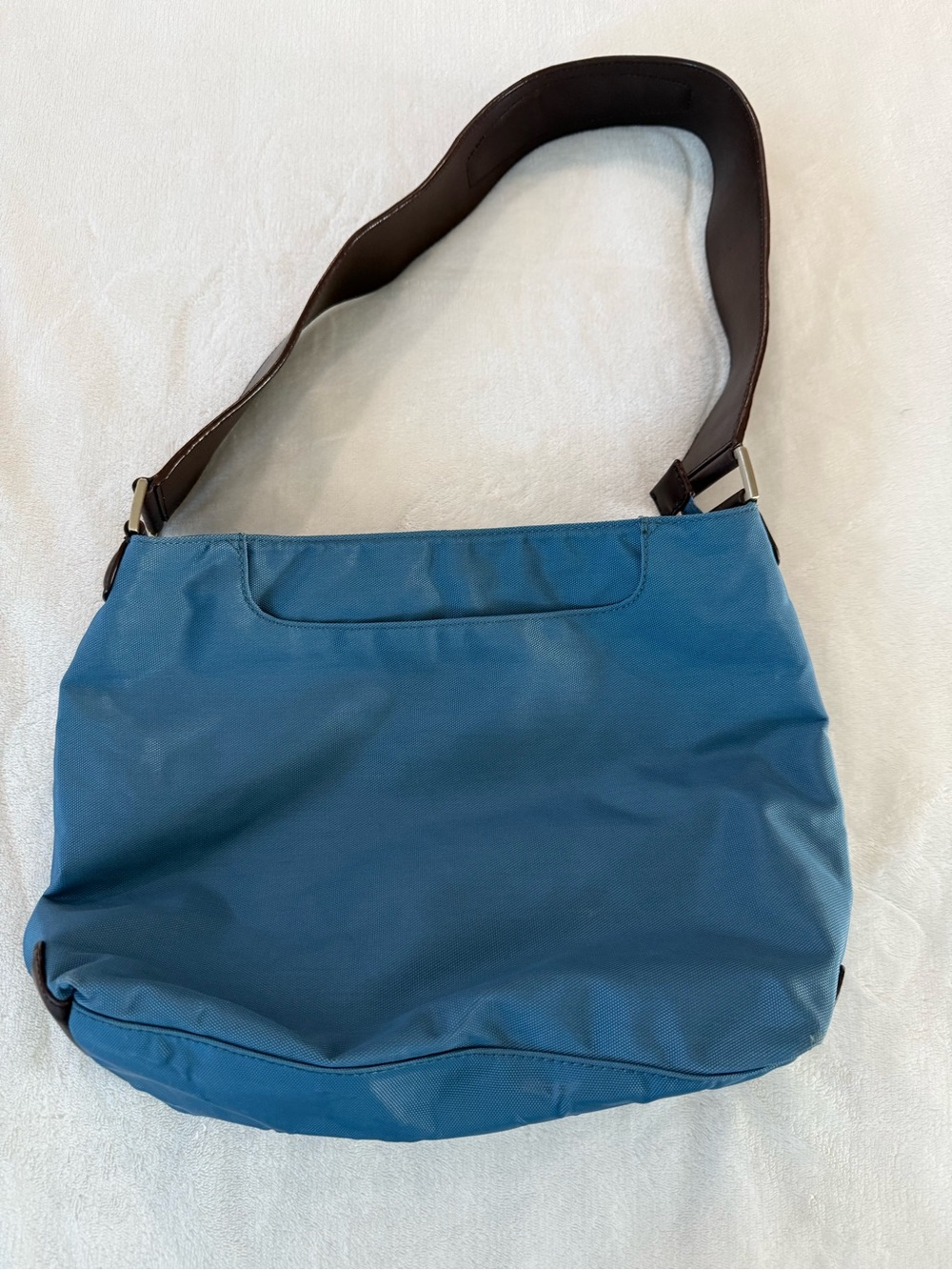 Tumi Travel Bag Womens Teal Blue Leather Strap Handbag Interior Key Clip